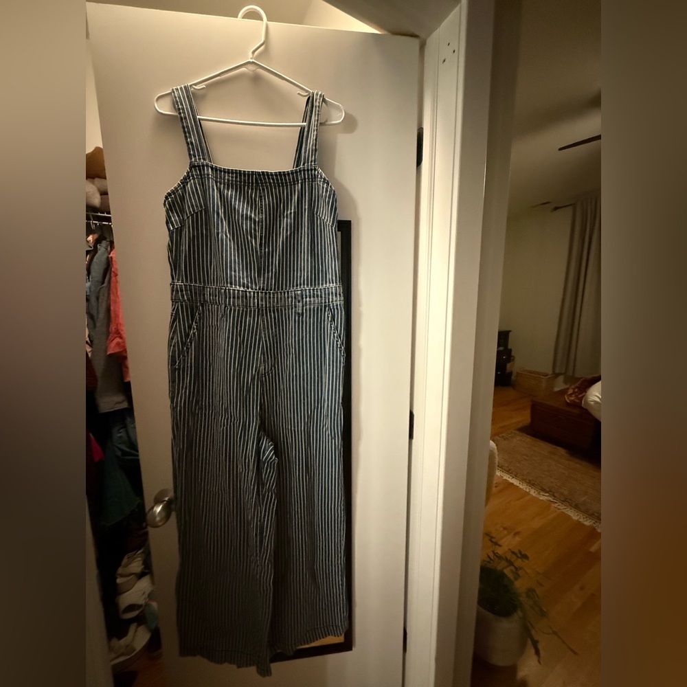 Striped Blue and White Jumpsuit overall style